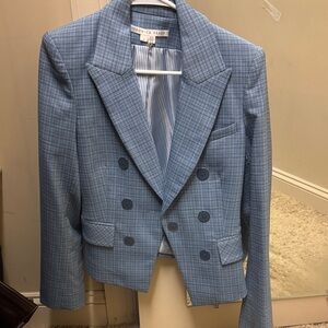 Veronica Beard Light Blue Checked Double-Breasted Cropped Blazer